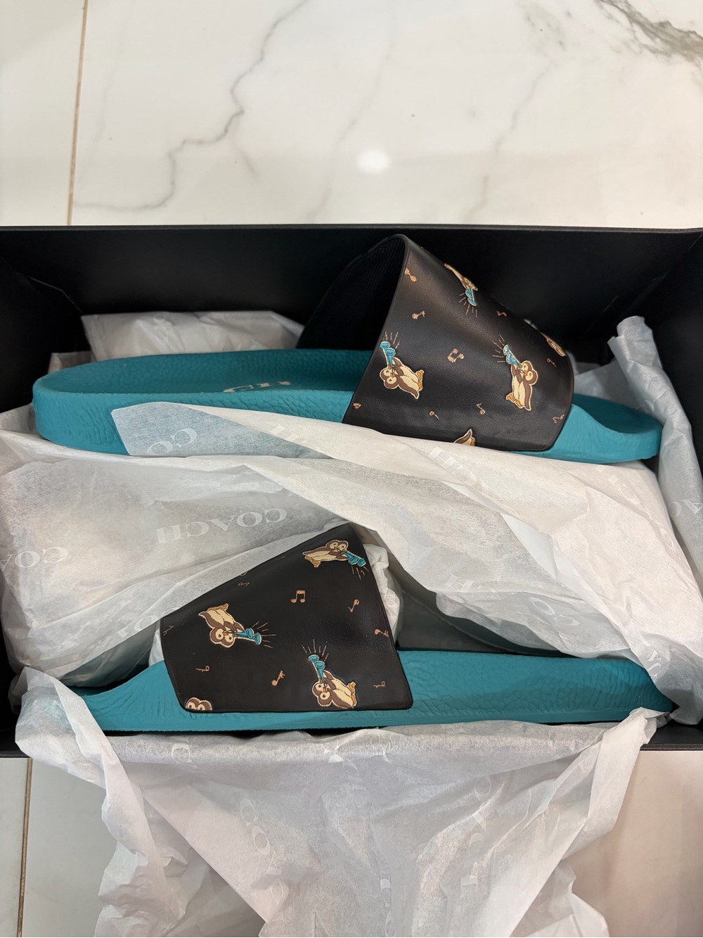 Coach Teal Slide Sandals with Black Printed Strap Featuring Character Motifs